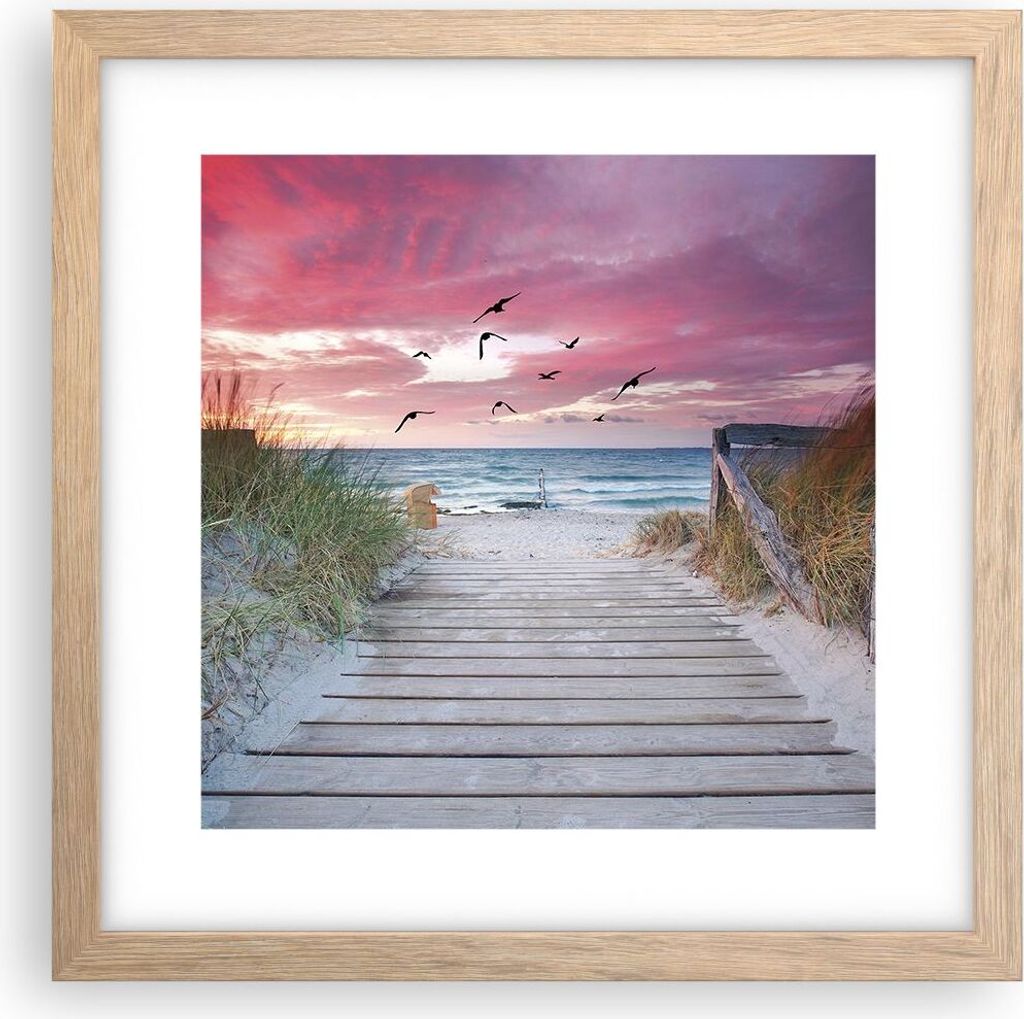 Gerahmtes Poster - Rahmen in heller Eiche - Strand Sand Vögel - 30x30 cm - Wand Bild - Wanddeko - Wandbilder - Kunstposter - Wandposter - Bilderra...