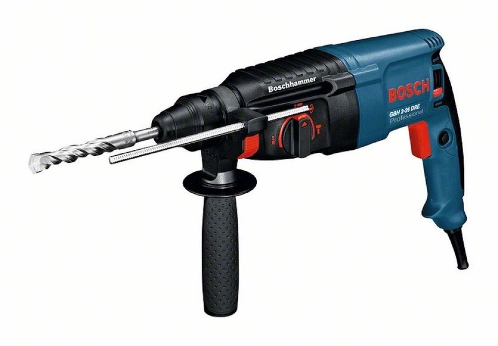 A Bosch rotary hammer drill with an SDS-plus bit attached, shown against a white background.