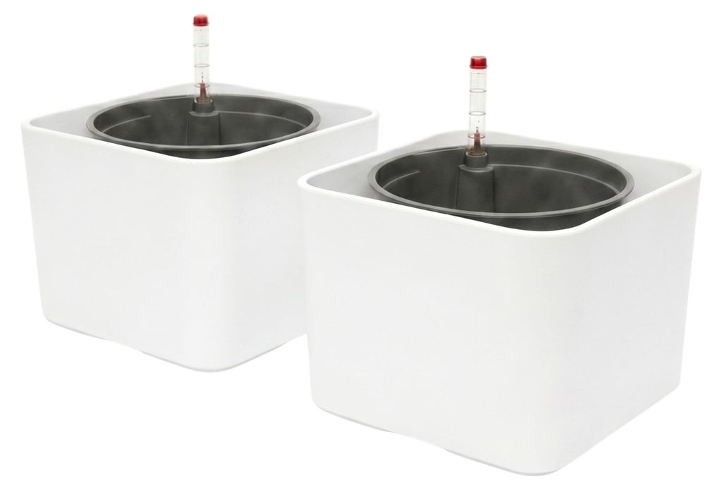 Leni KALEA cube Hydrokultur-Komplettset 2er-Pack 17 cm Würfel Pflanztopf mit Kulturtopf und Wasserstandsanzeiger Weiß matt wasserdicht selbstbew...