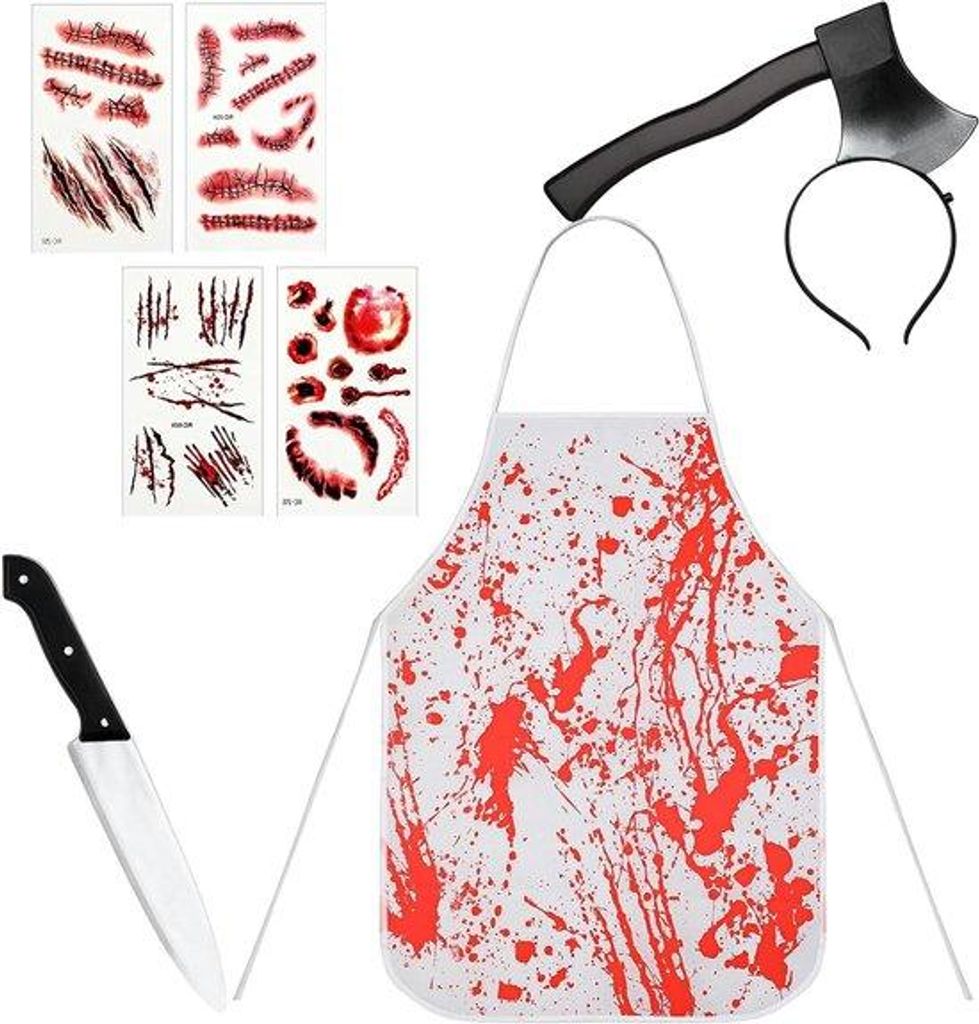 Männer-Halloween-Kostüme - 7 Stücke mit Schurz, Fälschungsmesser, Gartenschere, Kopfband und temporäre Tätowierungen
