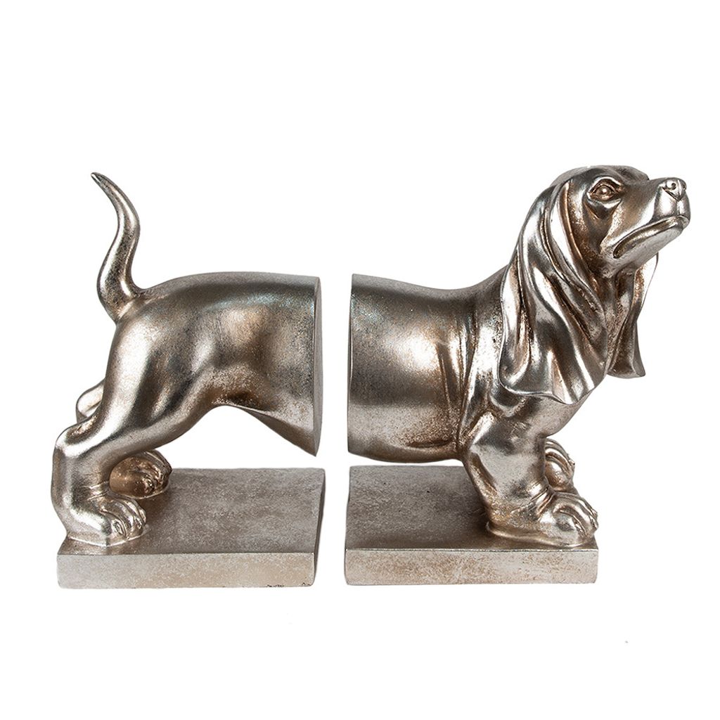 Clayre & Eef Buchstützen 2er-Set Hund Dackel 36x12x19 cm Silberfarbig Polyresin