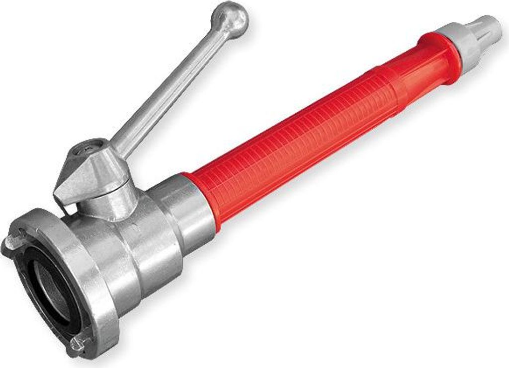 A fire hose nozzle with a red handle and silver metal components, isolated on a white background.