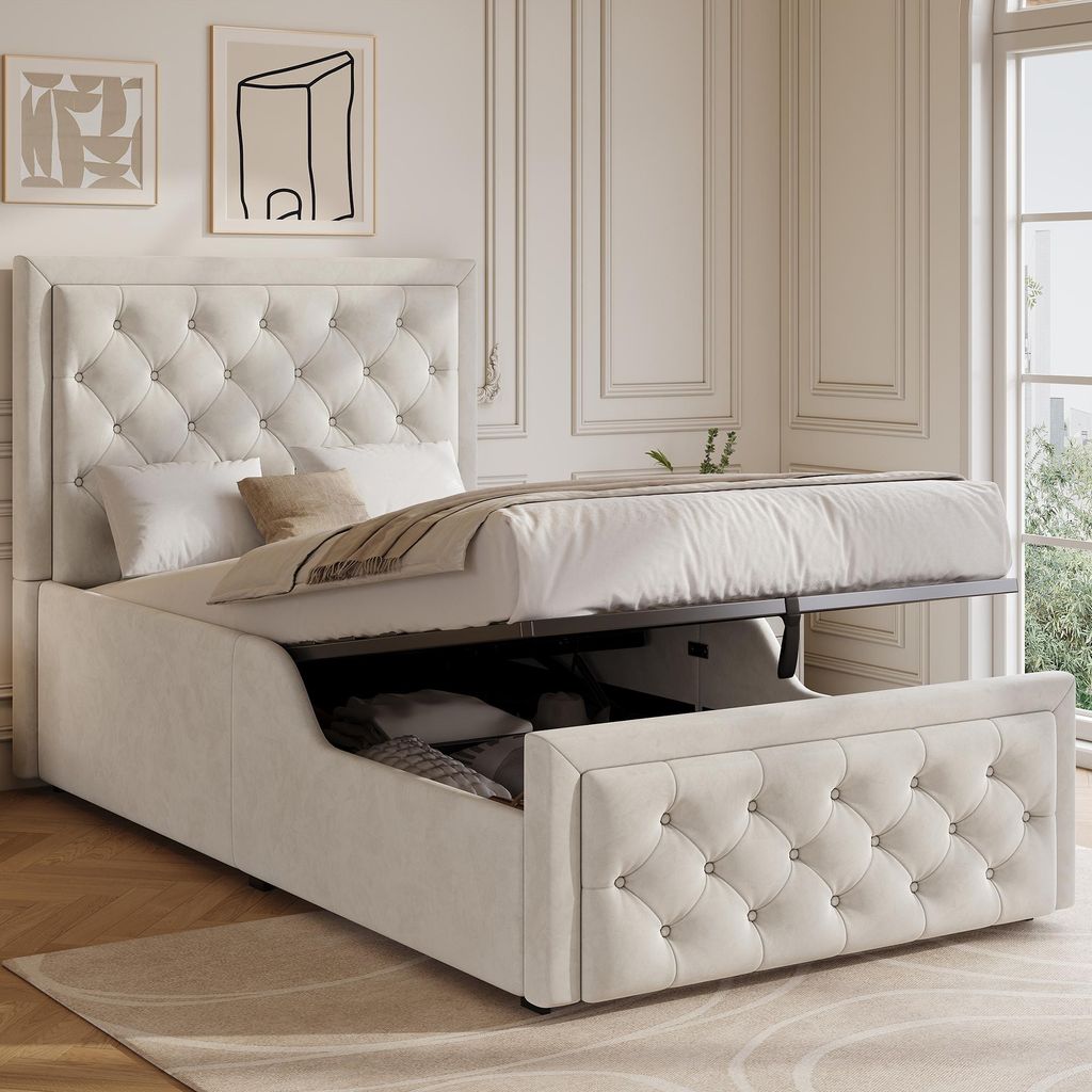 Polster-Einzelbett für Kinder, 90x200 cm, hydraulisches Funktionsbett mit Lattenrost, großem Stauraum, samtigen Kopfteil, Beige