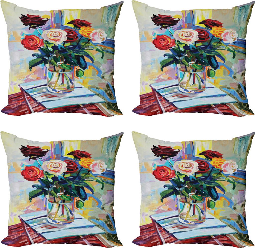 ABAKUHAUS Kunst Kissenbezug Set (4 Stück), Rose Bouquets in einer Vase, Moderner Doppelseitiger Digitaldruck, 45 cm x 45 cm, Mehrfarbig