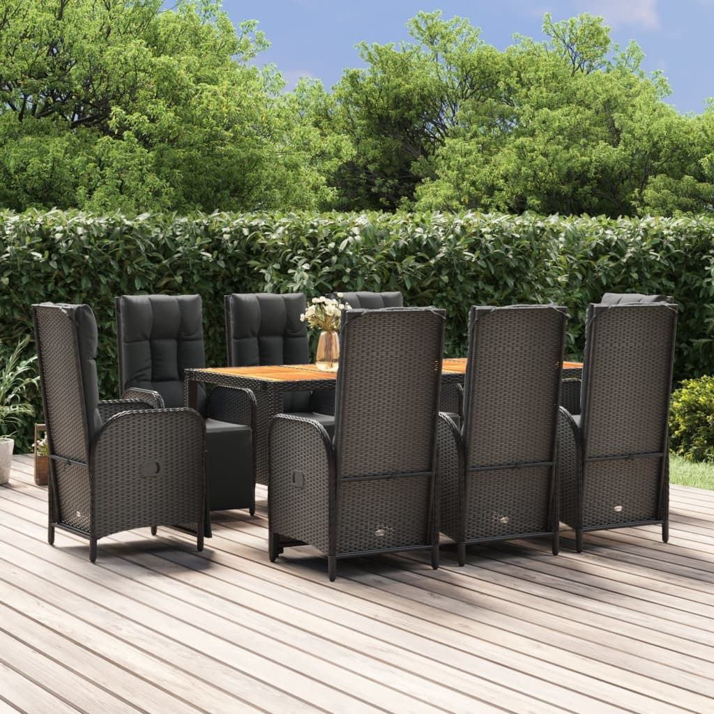 The Living Store 9-tlg. Garten-Essgruppe mit Kissen Schwarz Poly Rattan