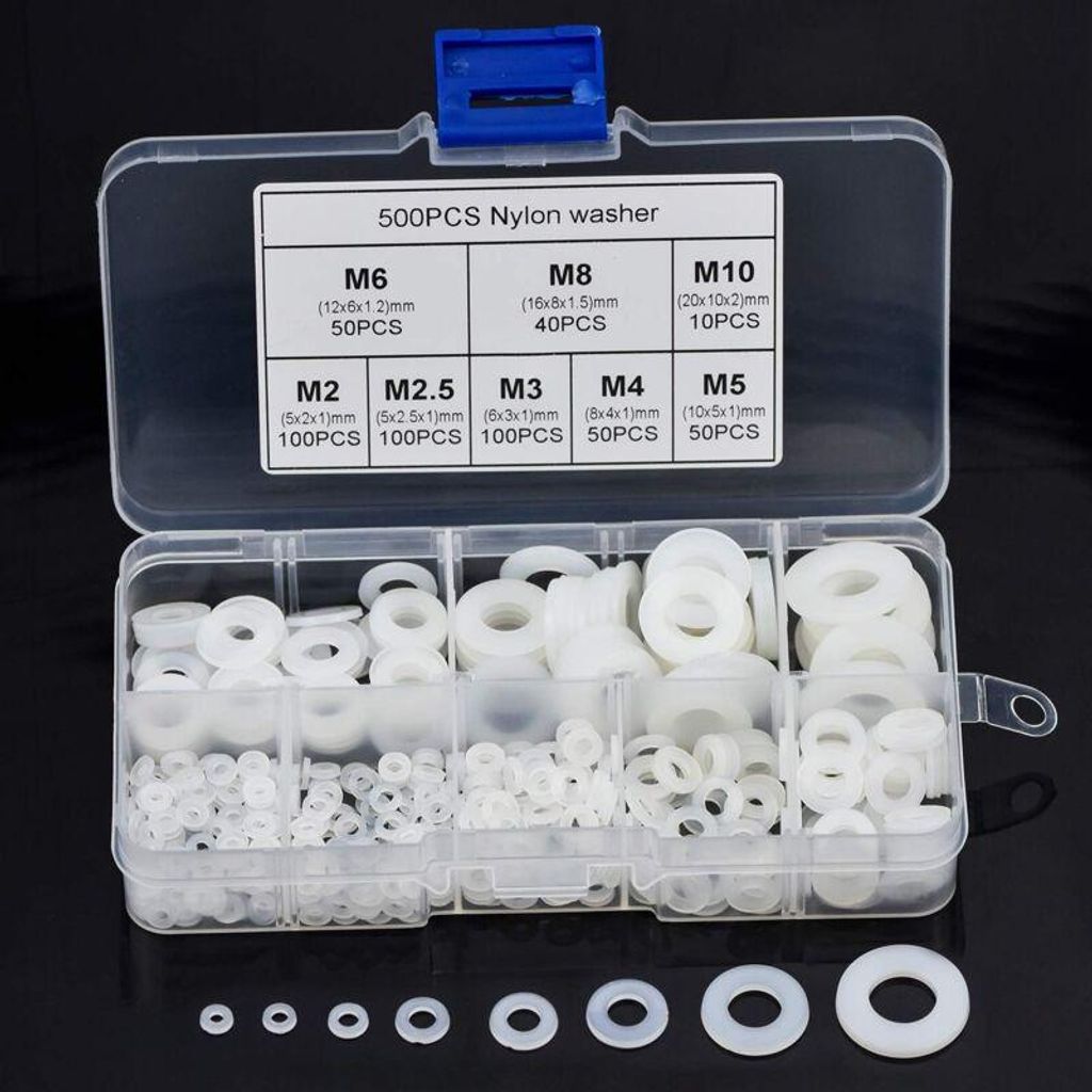Packung mit 500 Nylon-Unterlegscheiben, flache Nylon-Unterlegscheiben, M2, M2,5, M3, M4, M5, M6, M8, M10, Nylon-Abstandshalter-Sortiment mit Box