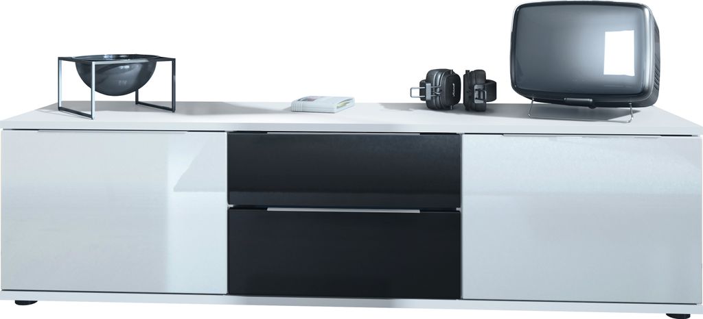 Vladon TV Lowboard Linio V1, Fernsehtisch mit 2 Türen und 2 Schubladen – Weiß / Schwarz Hochglanz (138,5 x 37,5 x 35 cm)