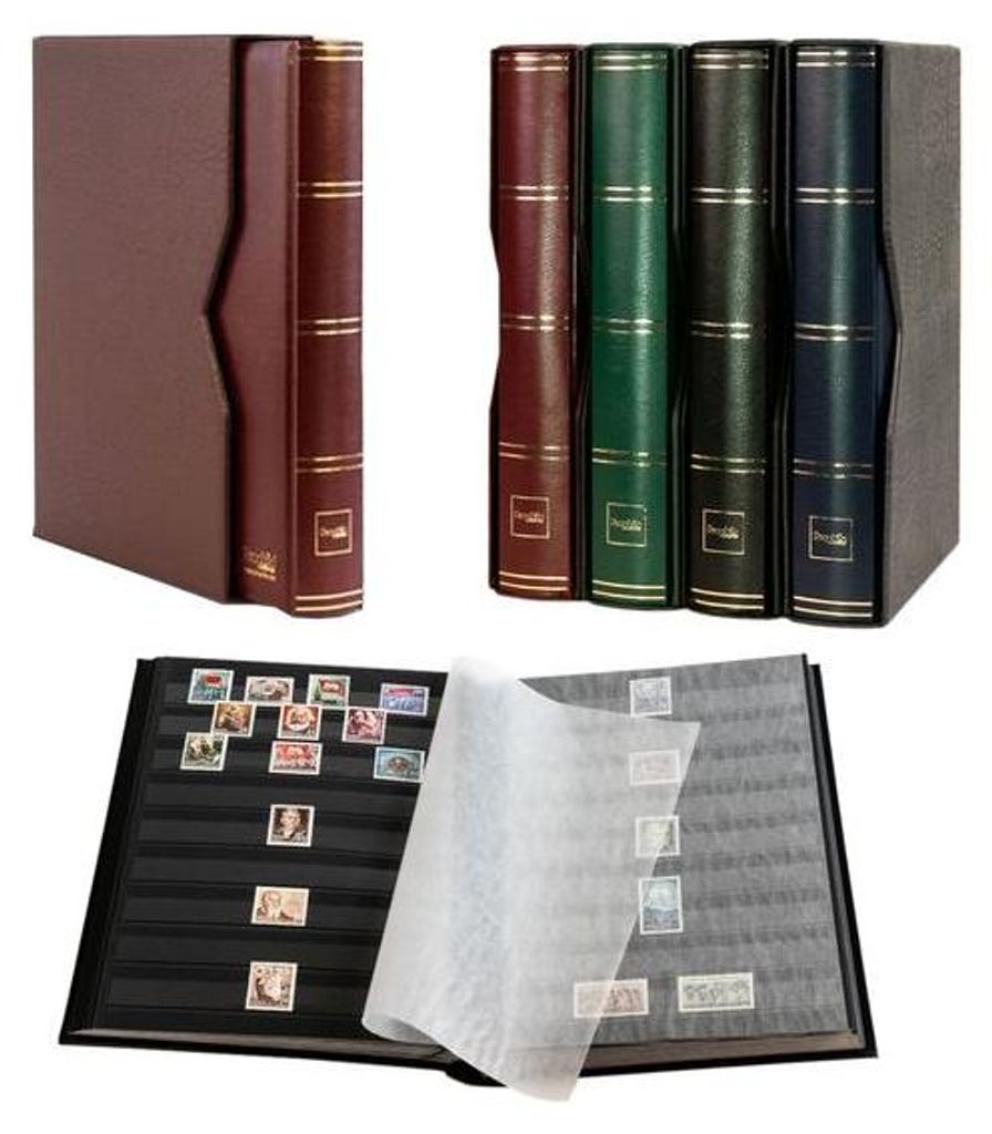 Prophila Collection 64 schwarze Seiten Briefmarkenalbum wattiert mit Kassette braun