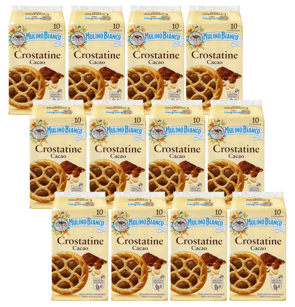 MULINO BIANCO Crostatine Cacao - Italienische Kekse, Mini-Törtchen mit Kakaocreme und Haselnüssen 400g x 12 Pakete (Cacao, x12)