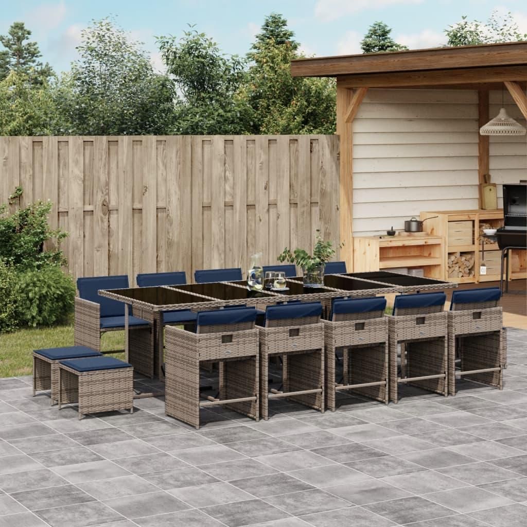 Möbel 15-teiliges Garten-Ess-Set mit Kissen, grau, Polyrattan - Gartenmöbelgarnituren 3277944