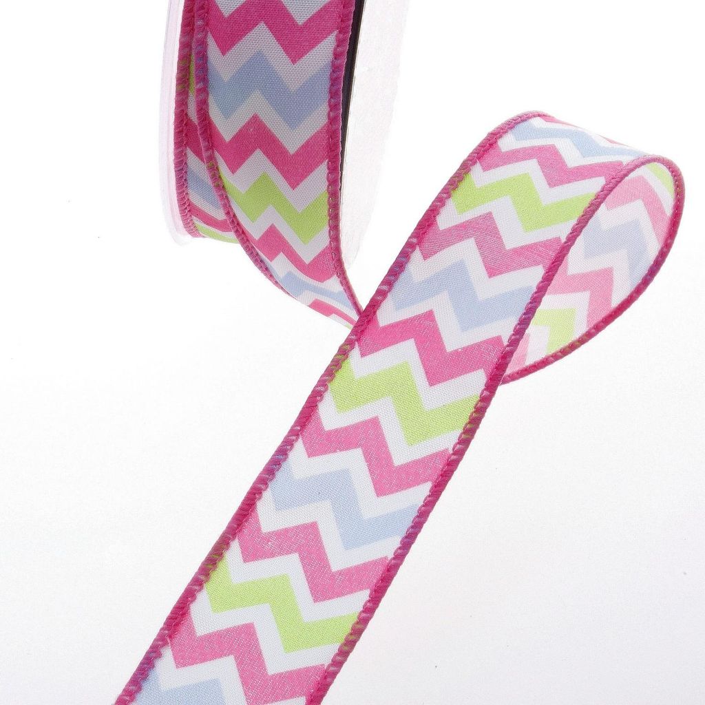 Zickzack-Taftband mit Drahtkante - Rosa/Weiß/Grün/Hellblau - 25mm Breite - 10 Meter Rolle - 93160-25-14