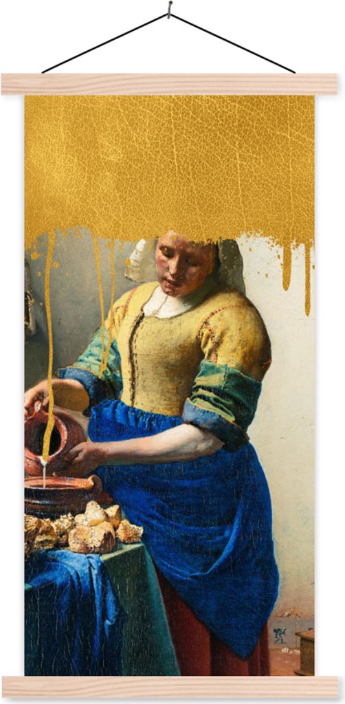 MuchoWow Textilposter Milchmädchen - Gold - Alte Meister 60x120 cm mit holzfarbenen Rahmen - Holz