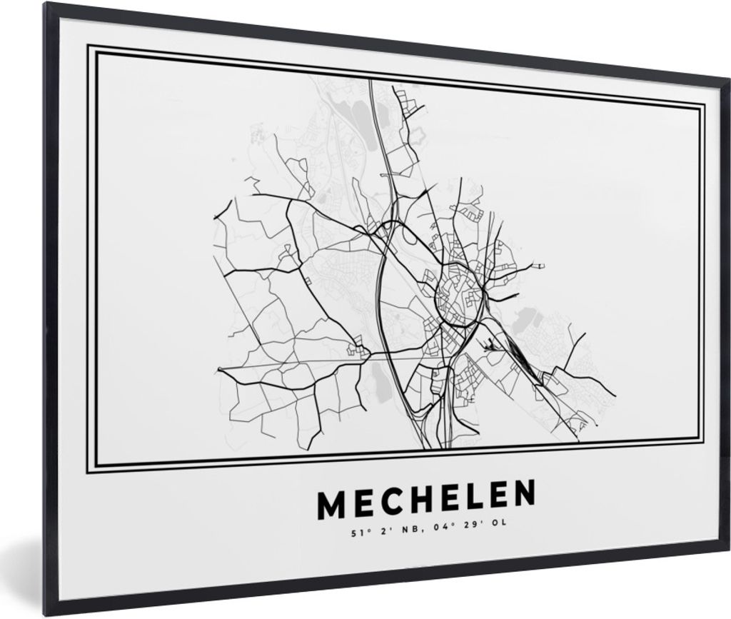 MuchoWow Gerahmtes Poster Belgien - Mechelen - Stadtplan - Karte - Schwarz und weiß - Karte 30x20 cm - Poster mit Schwarzem Bilderrahmen Wandpos...