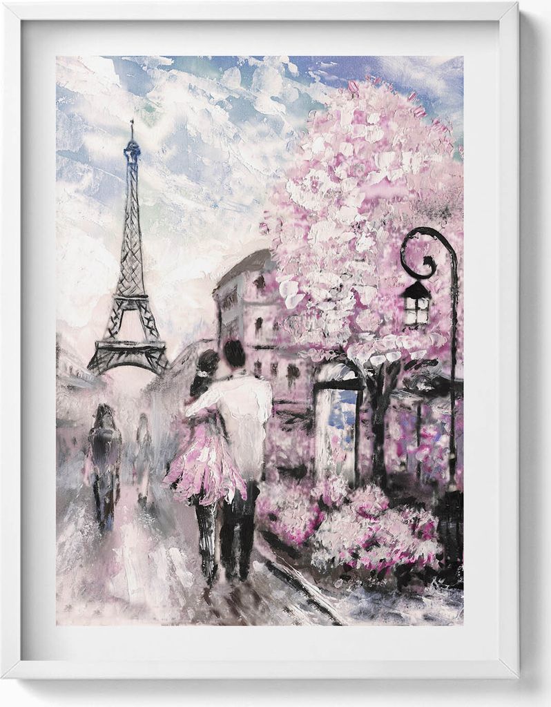 Paris und der Eiffelturm– Wandbild mit Rahmen – Gerahmtes Bild – Wanddekoration – 60x80 cm – Weiß Rahmen