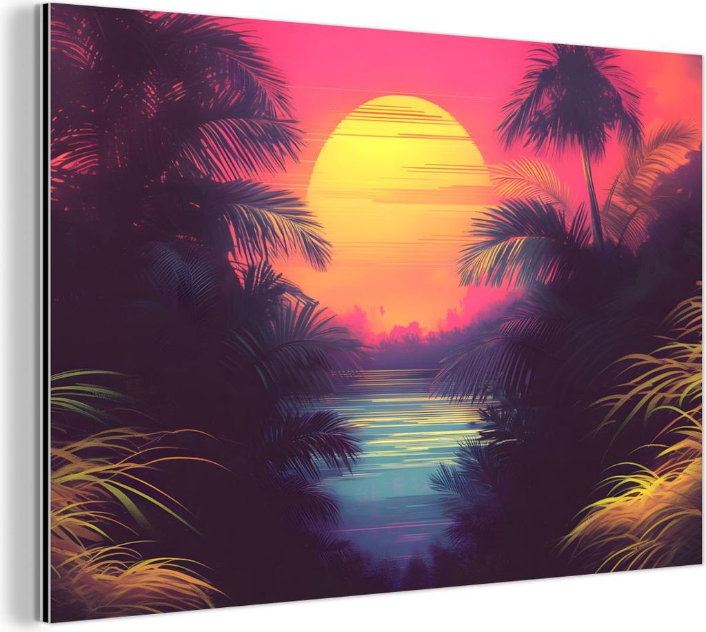 MuchoWow Wanddekoration Metall Metallbild Wandkunst 150x100 cm Sonne - Gelb - Palmen - Tropisch MuchoWow Aluminium Gemälde - Alu Dibond Bild