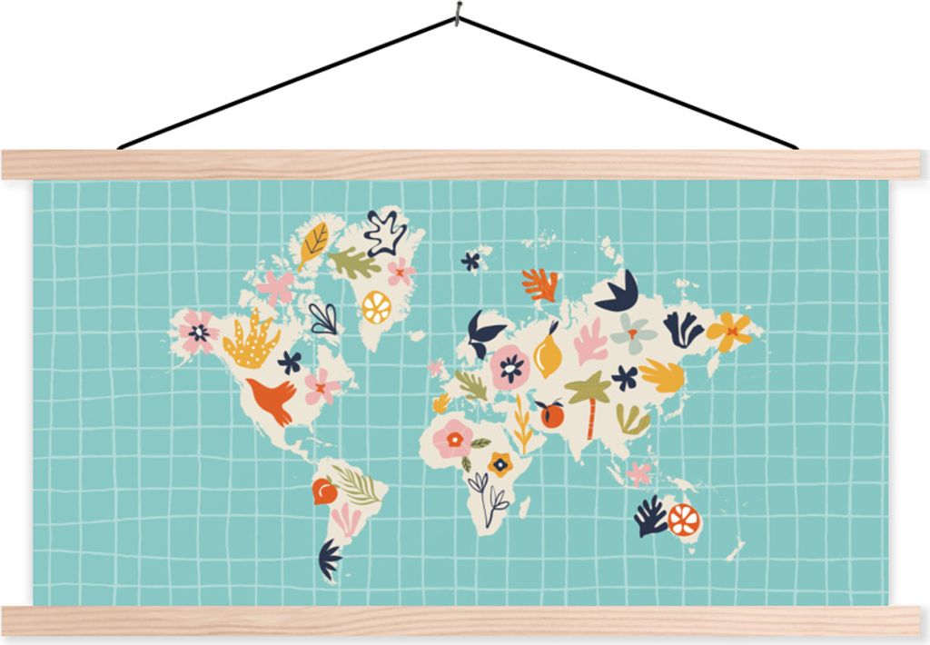 MuchoWow Textilposter Kinderzimmer - Weltkarte - Blumen - Obst 60x30 cm mit holzfarbenen Rahmen - Dekoration