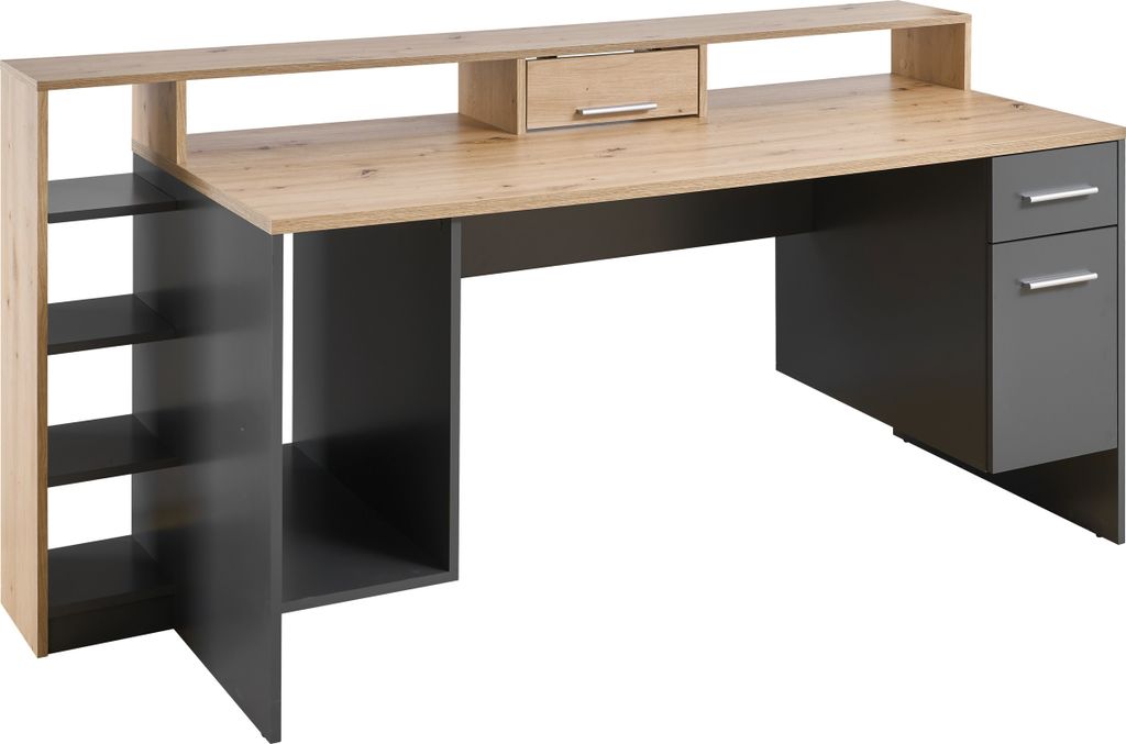 Gaming Schreibtisch - Grau - Artisan Eiche Nachbildung - 182 x 70 cm - 1 Tür - 1 Schublade - mit LED-Beleuchtung