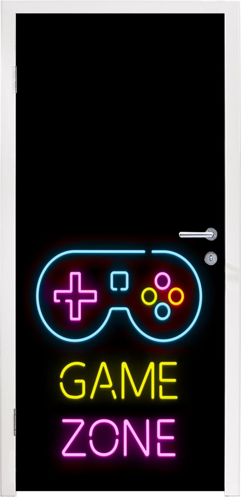 MuchoWow Türtapete Selbstklebende Türfolie Controller - Spiel - Neon - Schwarz - Zitate - Spielzone 75x205 cm Türposter Türaufkleber Klebefol...