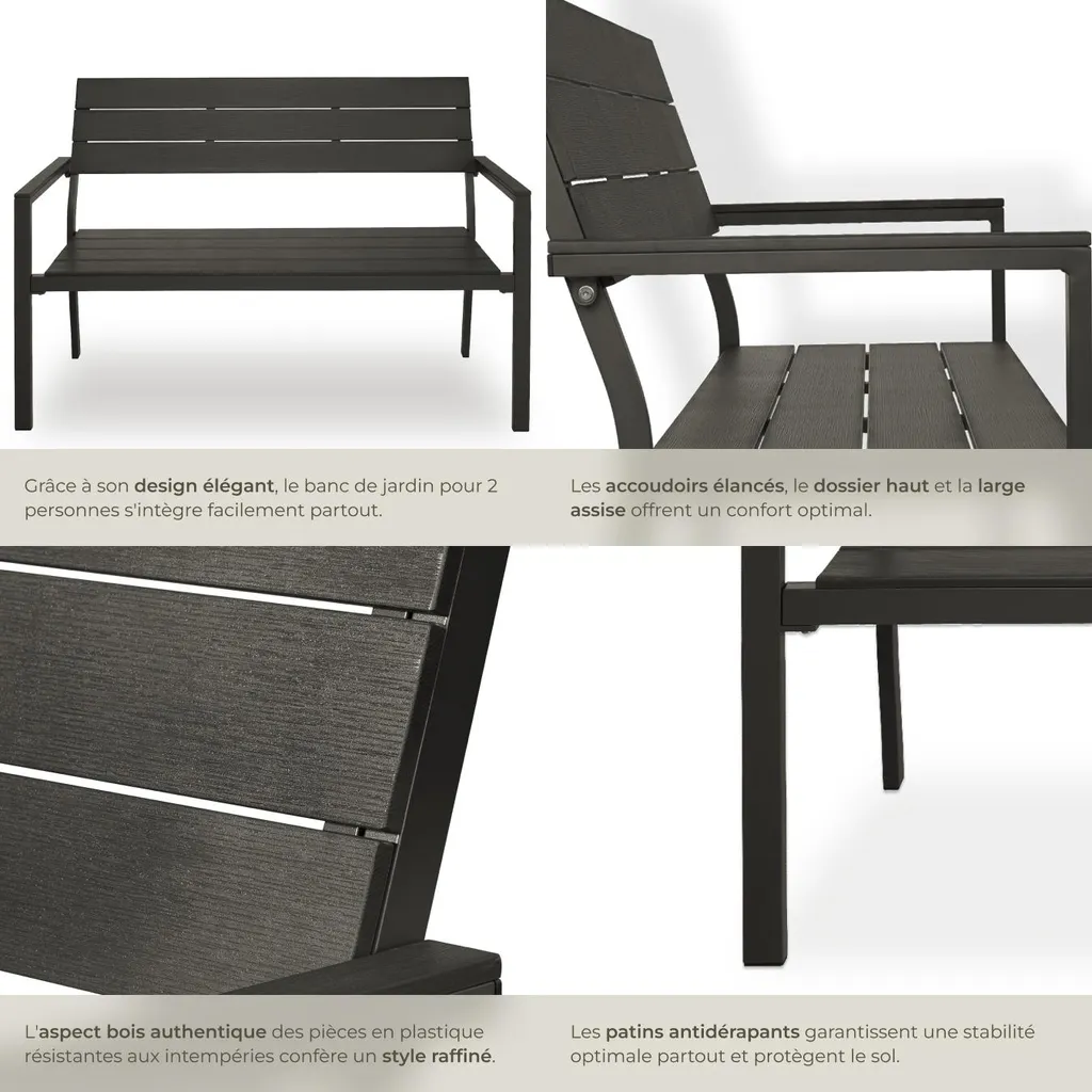 Banc d'extérieur 2 places en métal gris anthracite pour terrasse et parc