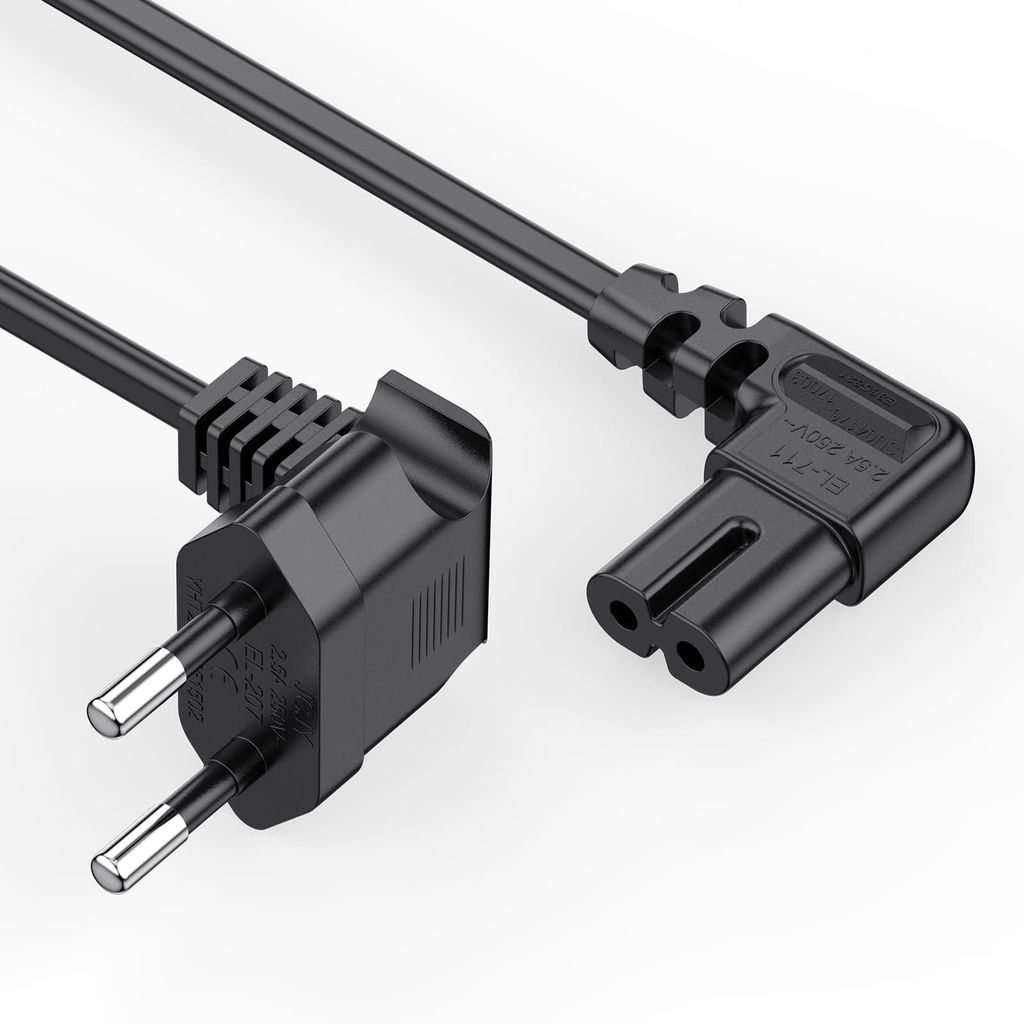 Stromkabel 2-polig 90° Winkelstecker Eurostecker Typ C auf C7 Buchse 3M Kabel für TV PC Monitor PS5 Lautsprecher Drucker und mehr (Schwarz)