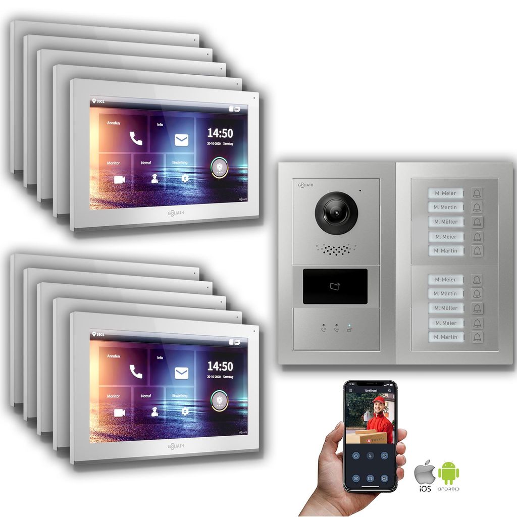 Goliath IP Video Türsprechanlage: 10-Zoll 10 Familienhaus, Smartphone-App, RFID, Anzeige, Silber : Unterputzdose : 10 Zoll in Weiß Monitor Auswah...