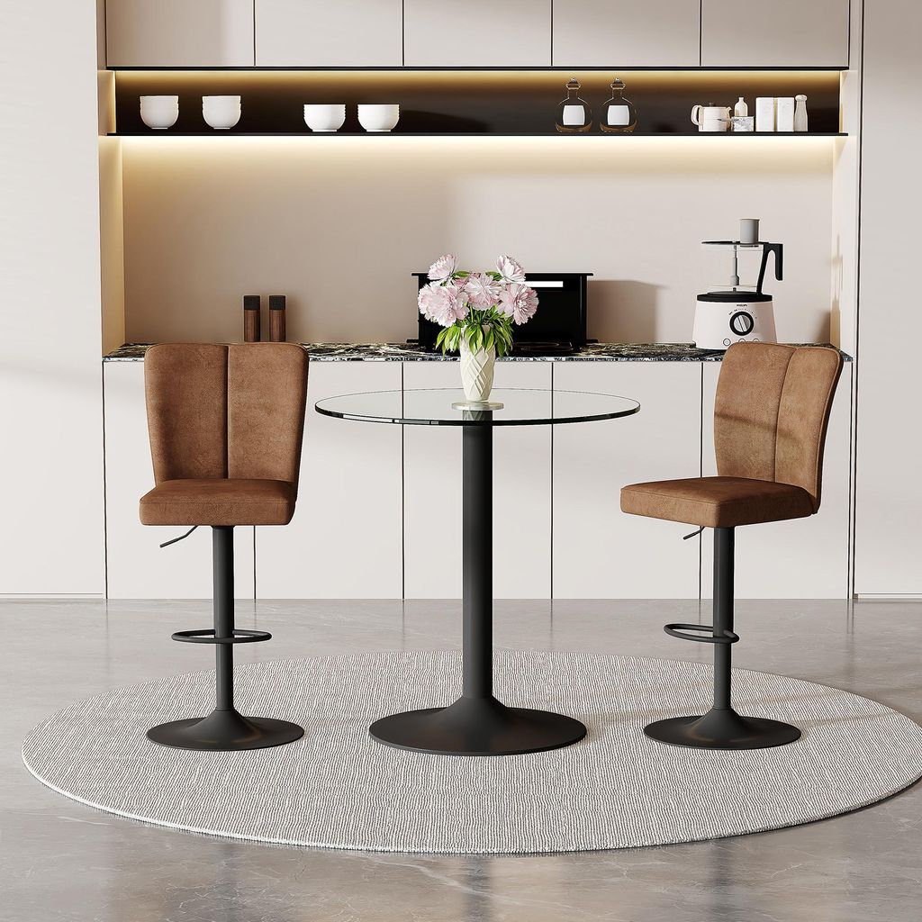 Flexibles Bar-Set: 89 cm Glastisch + 2 drehbare Barhocker aus braunem Technologie-Stoff. Schwarz-metallene Konstruktion, mit bequemer Fußstütze. ...