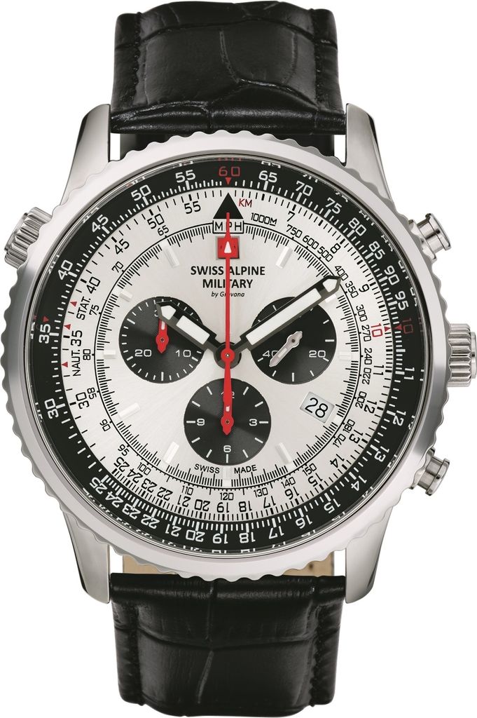 A close-up studio shot of a Swiss Alpine Military chronograph watch with a black leather strap.