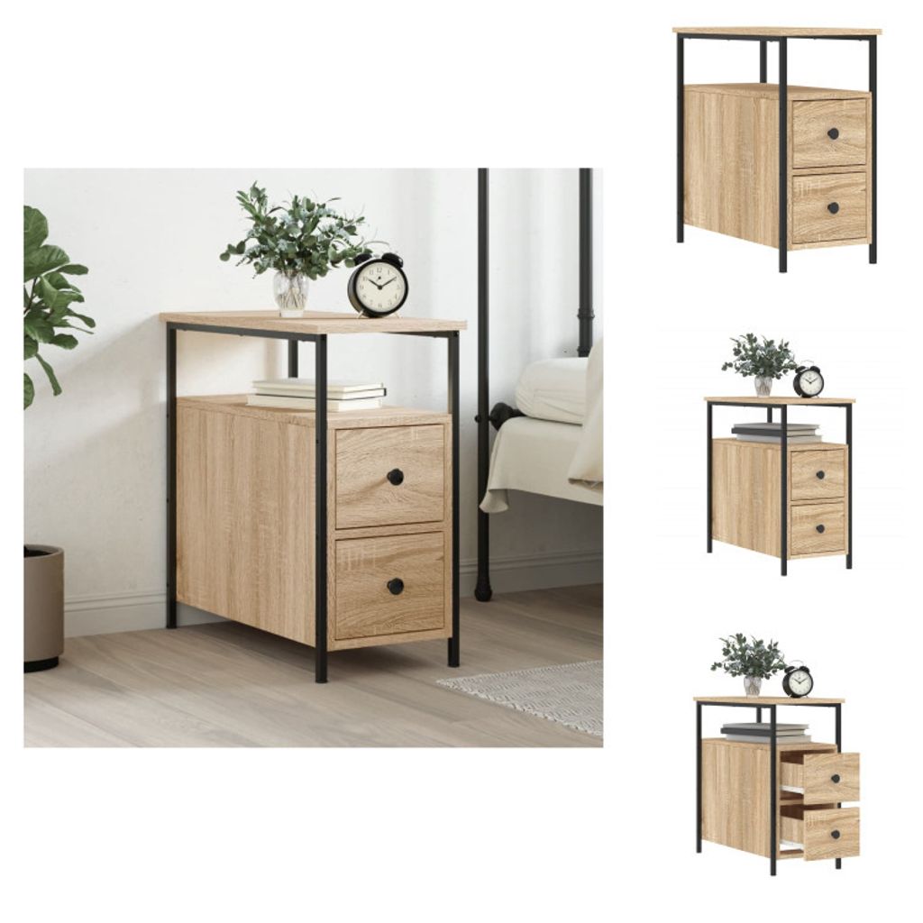 A bedside table with two drawers and a shelf, decorated with a plant and a clock.