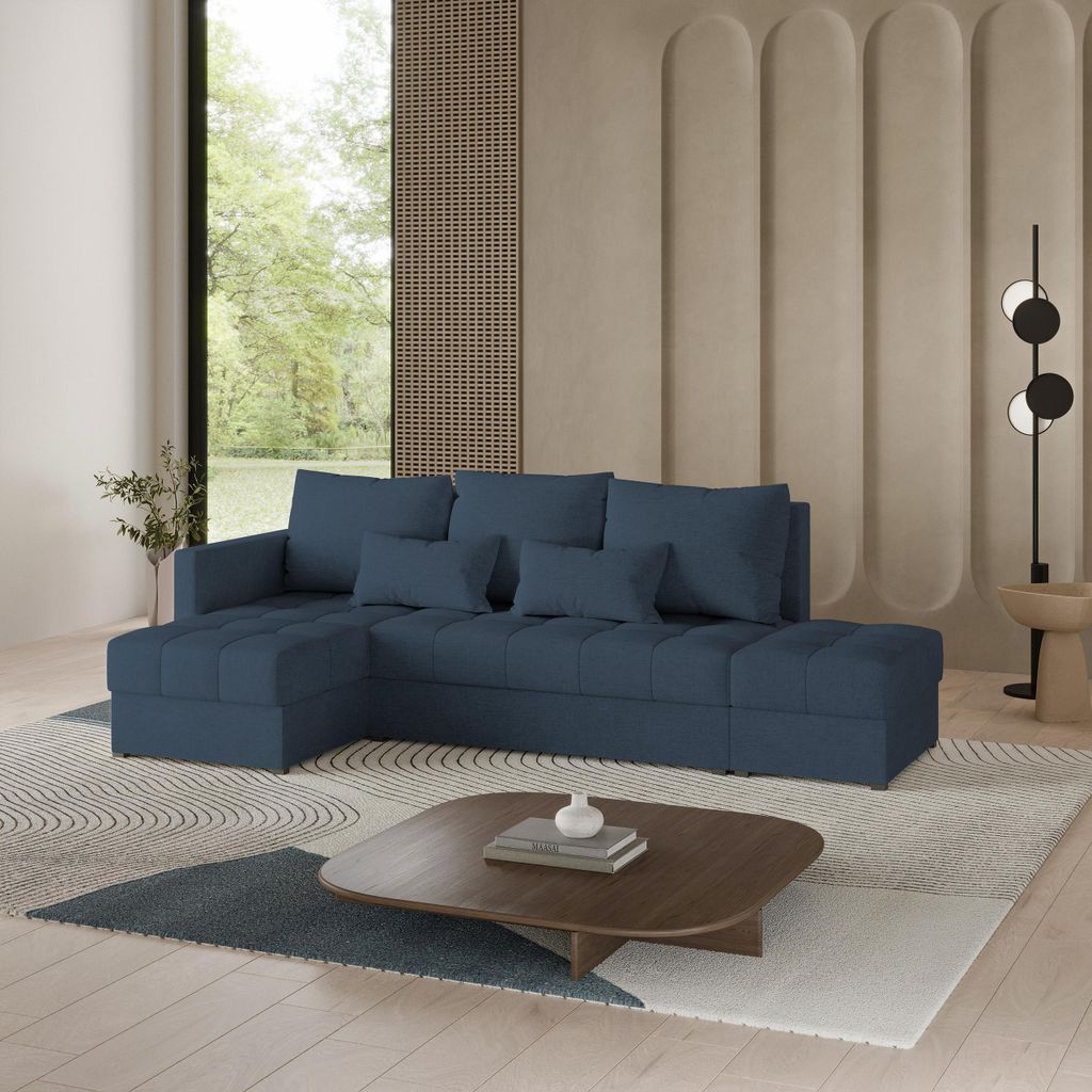 Masseno Ecksofa LUMARI L-S mit Schlaffunktion L-Form, Sofa mit Bettkasten, Wohnzimmersofa, Couch, Soffa, Bettsofa, Couchgarnitur- Blau, NEVE 77