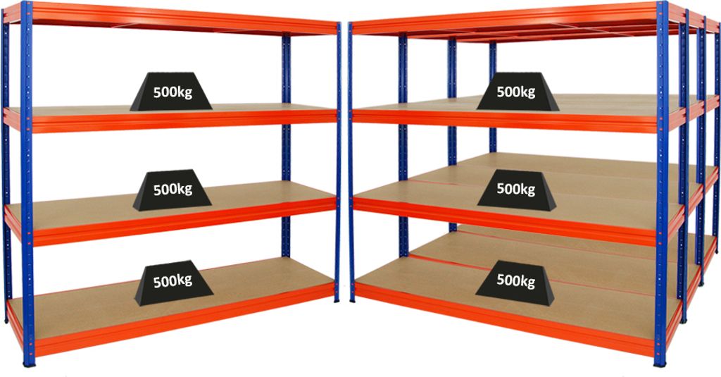 Mega Deal | 4x Schwerlastregal DINO | HxBxT 180x200x60 cm | 4 MDF-Platten-Ebenen 6,5 mm | Fachlast 500kg | Blau/Orange