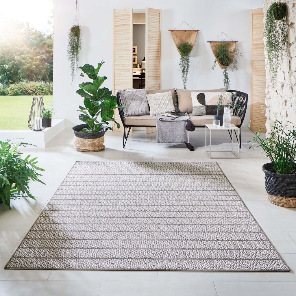 Steffensmeier Indoor Outdoor Teppich Öland Balkon Terrasse Küche Garten wasserfest Kunststoff, strapazierfähig , Streifen Braun Beige, 200x290 cm