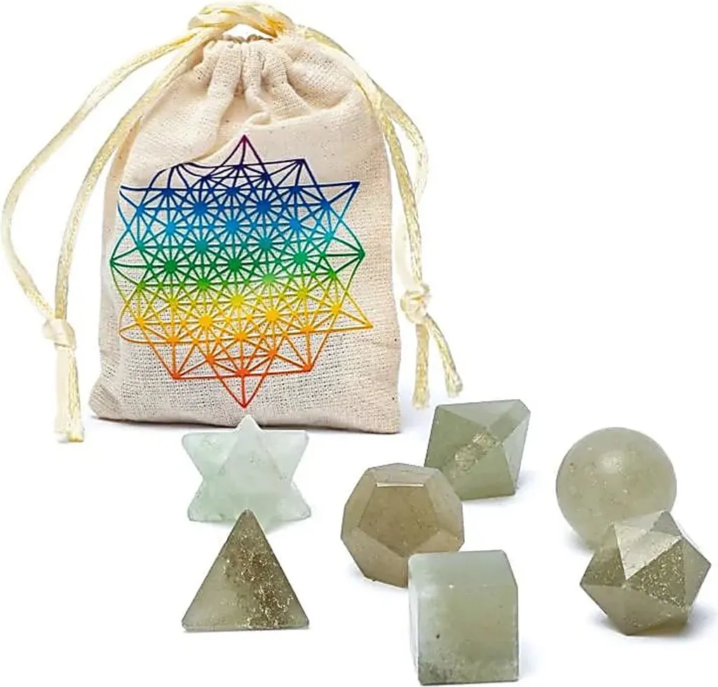 Ensemble 7 pièces Géométrie Sacrée Aventurine Verte - Coffret ±6,7x9 cm