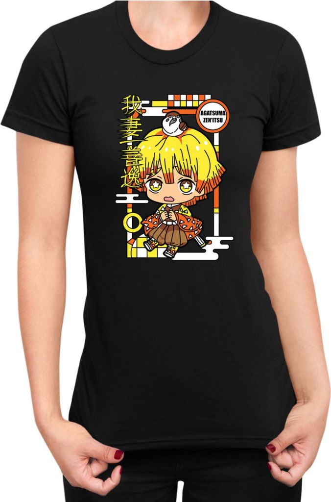 Damen T-Shirt Demon Anime Slayer Kimetsu No Yaiba Chibi Zenitsu Agatsuma, Lady XL / Schwarz