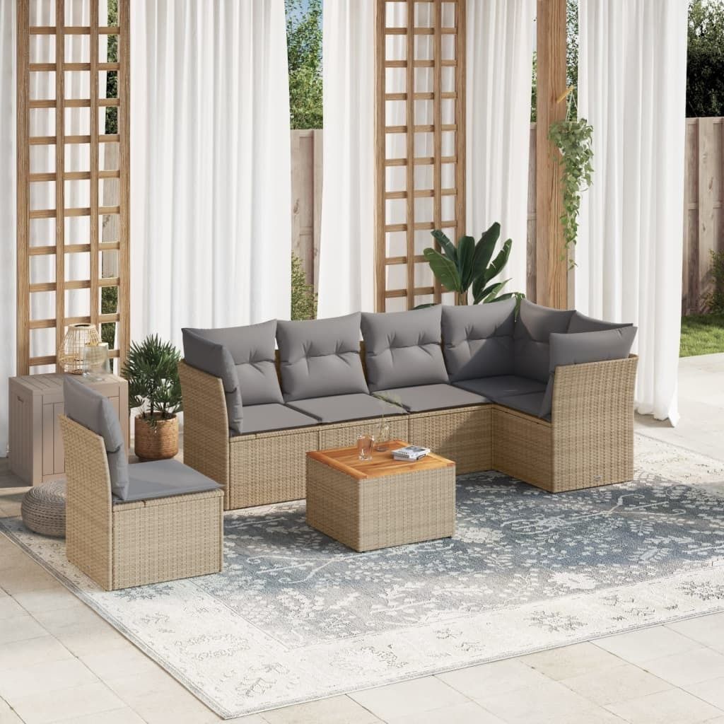 CLORIS 7-tlg. Garten-Sofagarnitur - mit Kissen - Beige Poly Rattan - Gartenmöbelgarnituren LL0000255570