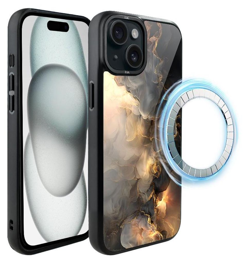 Schutzhülle für das iPhone 15 Plus, MagSafe-kompatibel, mattschwarze Seiten, Rauch, Wolken