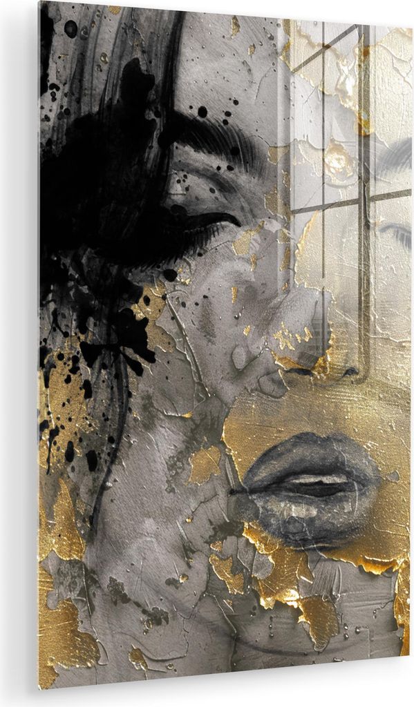 MuchoWow Glasbilder - Bilder auf Wandbild - Foto auf Glas Frau - Kunst - Gold - Schwarz 60x90 cm Wanddekoration aus Glas - Acrylglasbild - Acrylbil...