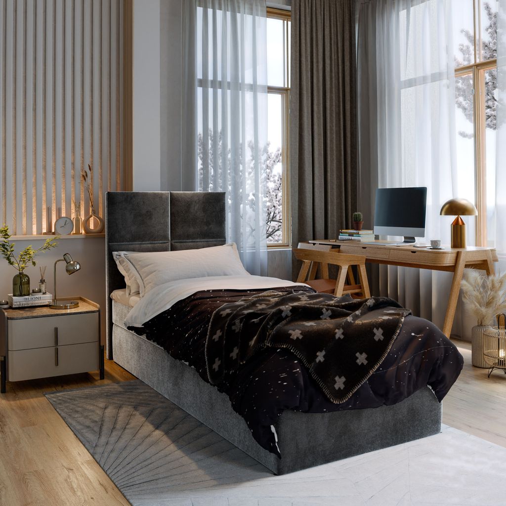 Masseno Boxspringbett LENA 80 80x200 cm Komplett-Set mit Bonell Matratze und Topper, Polsterbett mit Bettkästen -Grau, PAROS 06