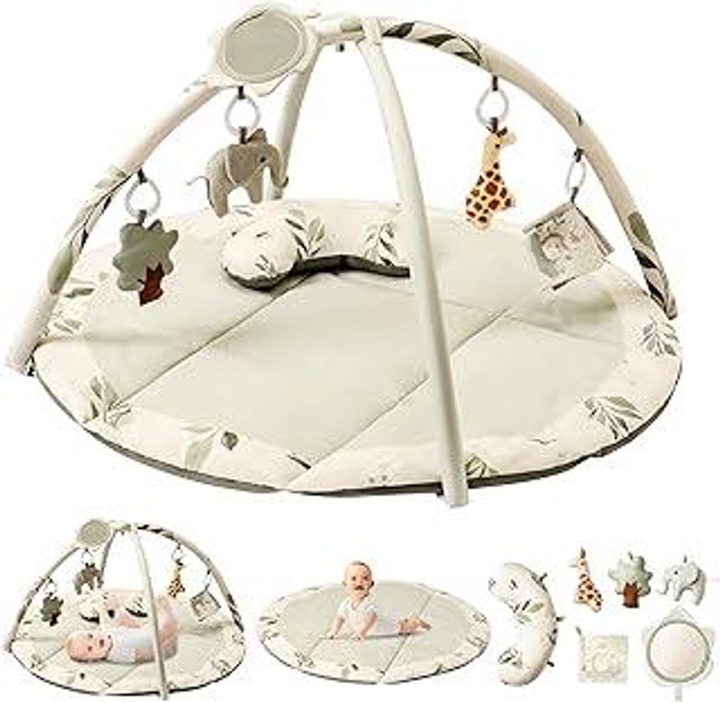 Fortella Spielbogen Baby, Spielmatte mit Bauchzeit Kissen und 5 Sensorik Spielzeug Abnehmbarem,Naturthemen Krabbeldecke für Babys ab der Geburt, N...