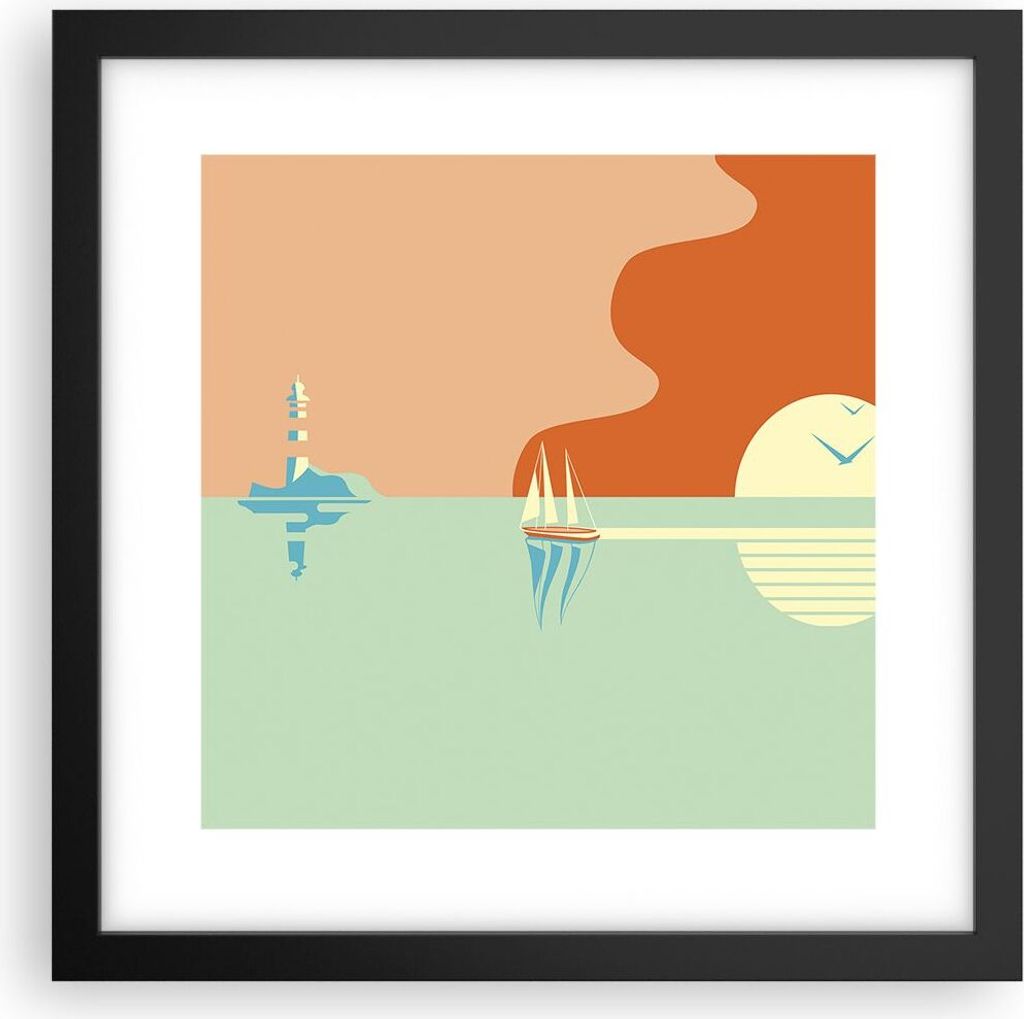 Gerahmtes Poster - Schwarzer Rahmen - Sonne Segelschiff Laterne - 30x30 cm - Wand Bild - Wanddeko - Wandbilder - Kunstposter - Wandposter - Bilderr...