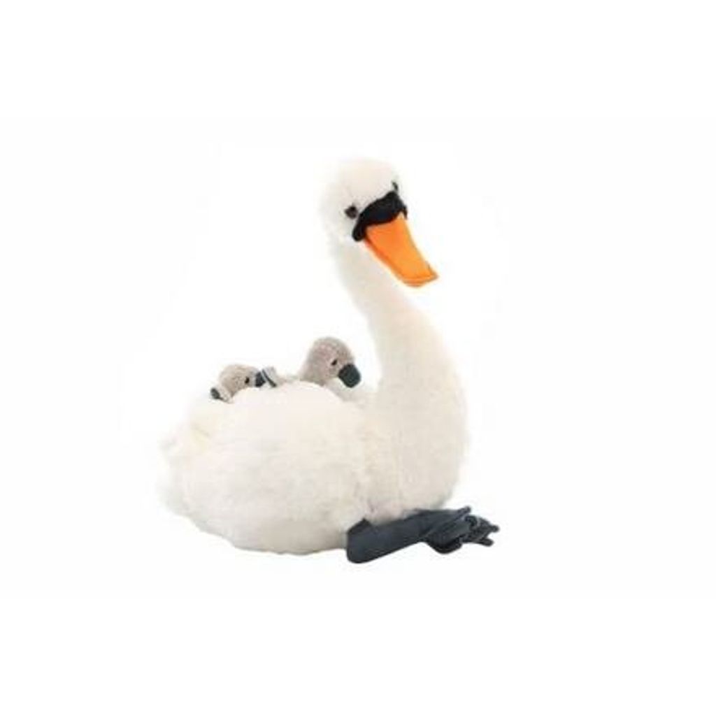 A plush toy swan with two baby swans on its back, set against a white background.