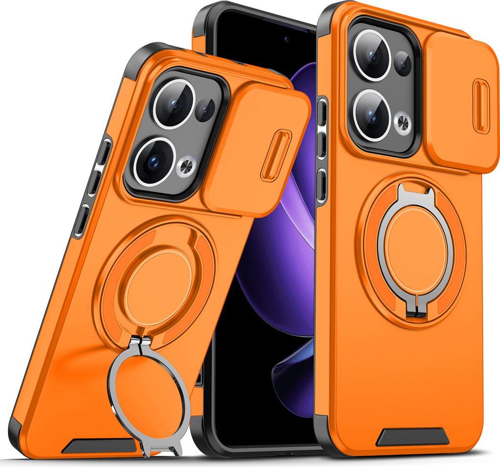 Handyhülle für Oppo Reno13 Dual-Layer Stoßfest Militär Hülle mit Dia Kameraschutz und Magnetisch Ring Ständer Orange