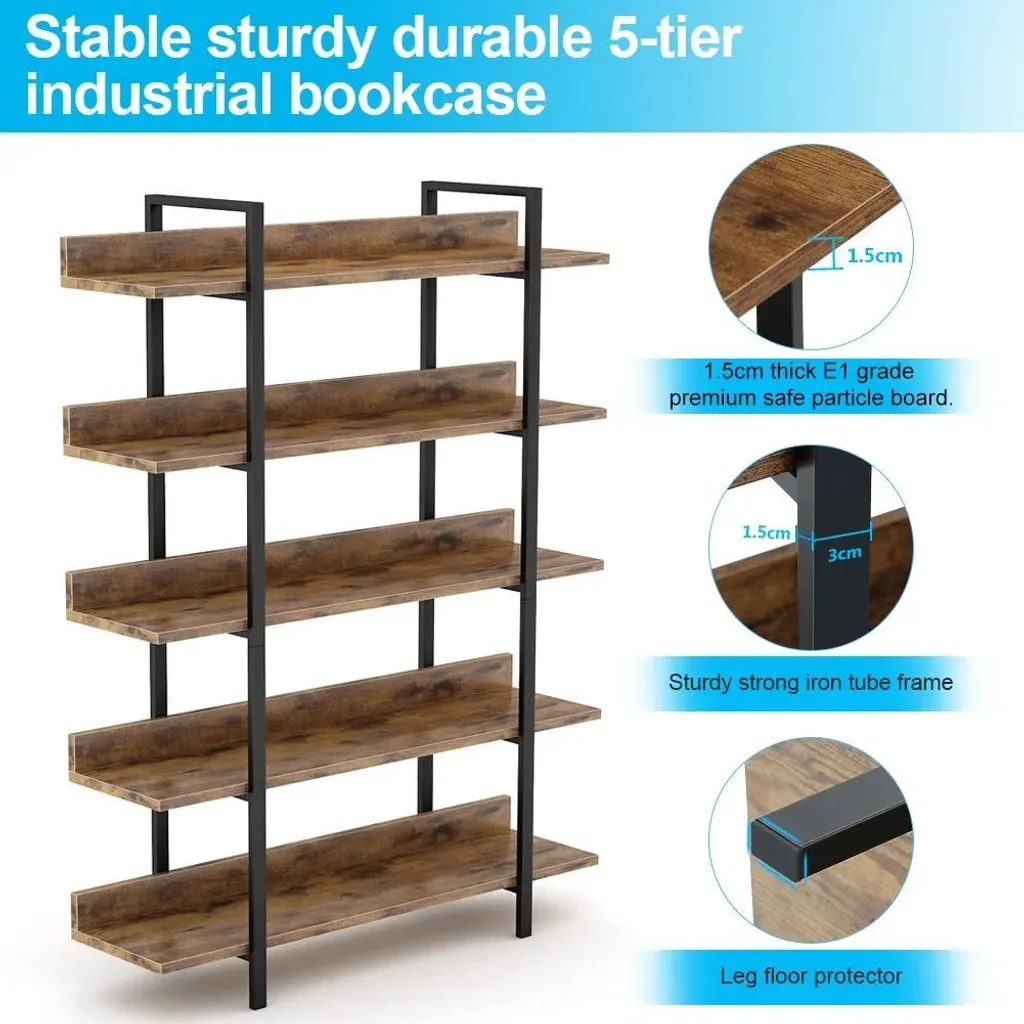Bibliothèque sur pied style rétro 5 étagères en bois et métal 180 cm