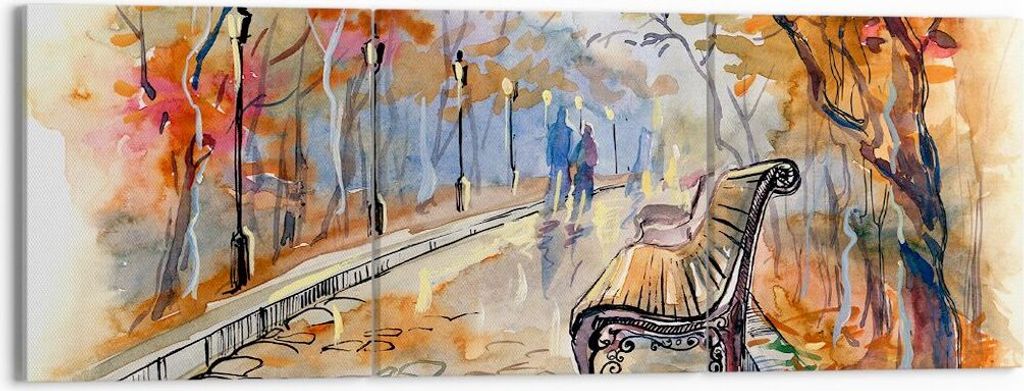 Bild auf Leinwand - Leinwandbild - Path Bench Herbst Frau - 150x50cm - Wand Bild - Wanddeko - Leinwanddruck - Bilder - Kunstdruck - Wanddekoration ...
