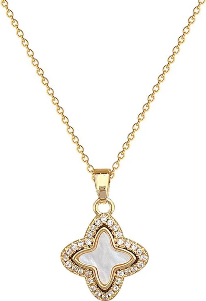 Collier trèfle or nacre et zircons - Bijou hypoallergénique de qualité