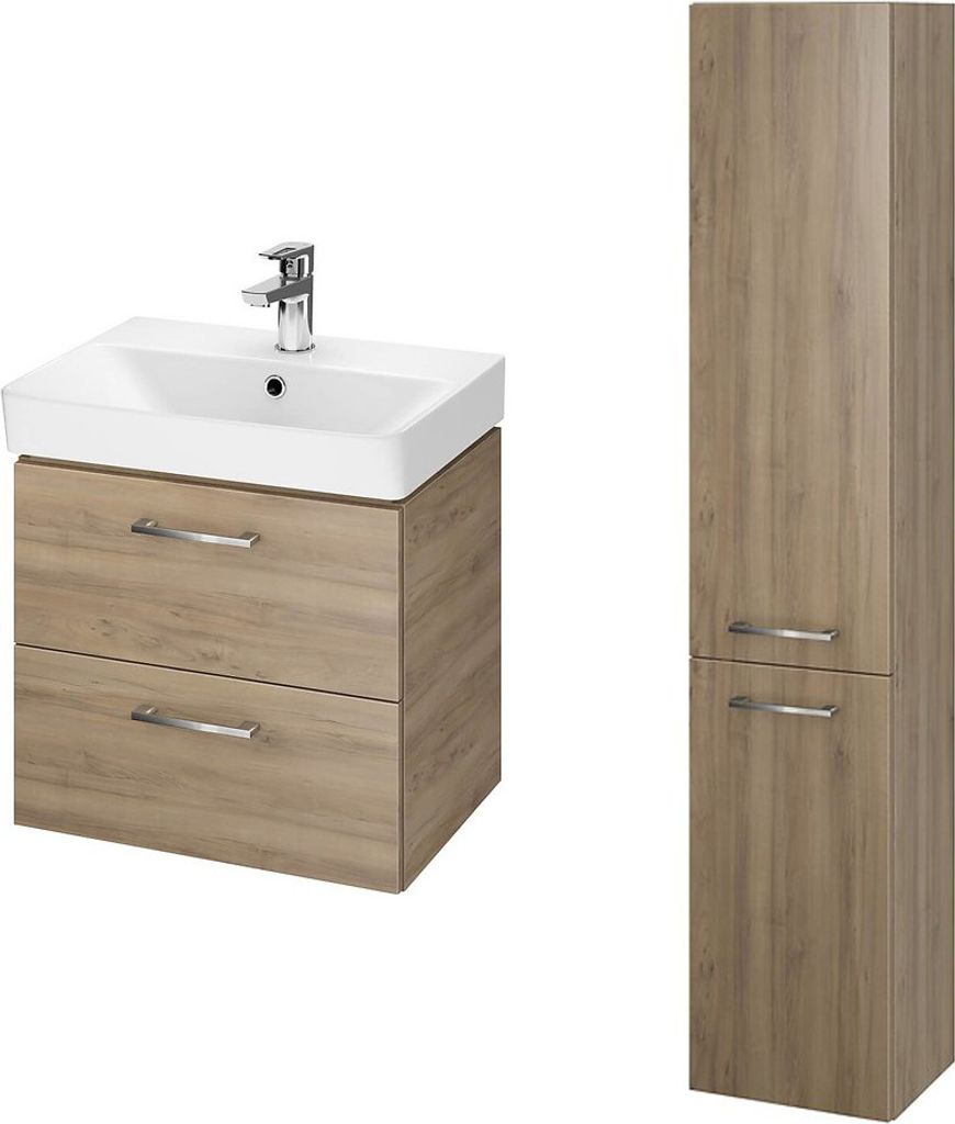 BADLAND Badmöbel Set LARA MILLE SLIM 50 Waschbecken-Unterschrank mit Hochschrank 150x30x25, 2-Türen, Nussbaum
