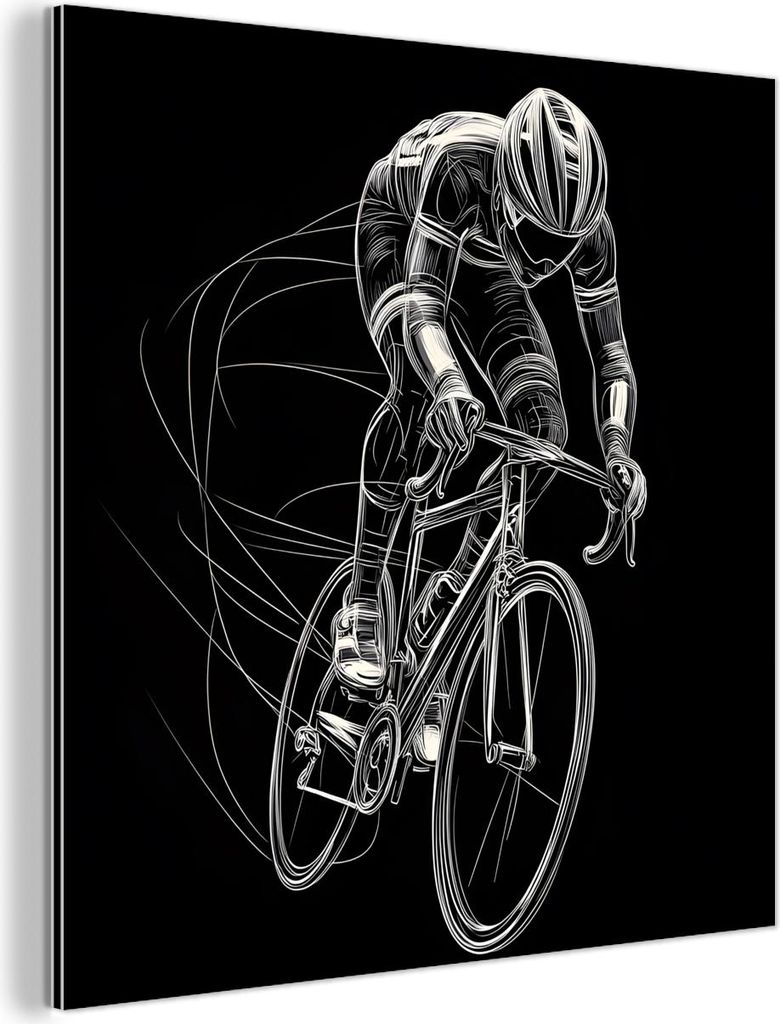 MuchoWow Wanddekoration Metall Metallbild Wandkunst 50x50 cm Strichzeichnung - Weiß - Radfahren - Geschwindigkeit MuchoWow Aluminium Gemälde - Al...