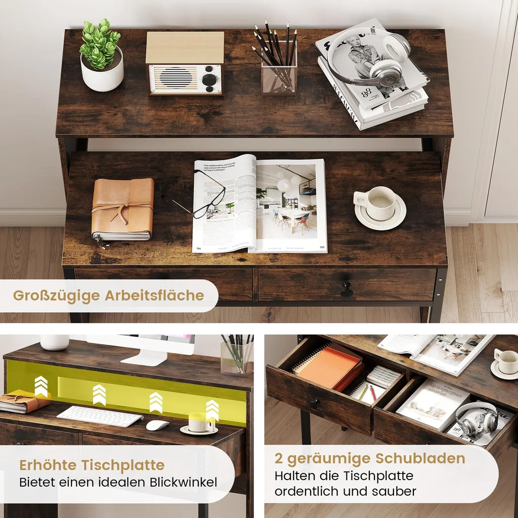 Petite table d'ordinateur extensible en bois et métal avec 2 tiroirs PC
