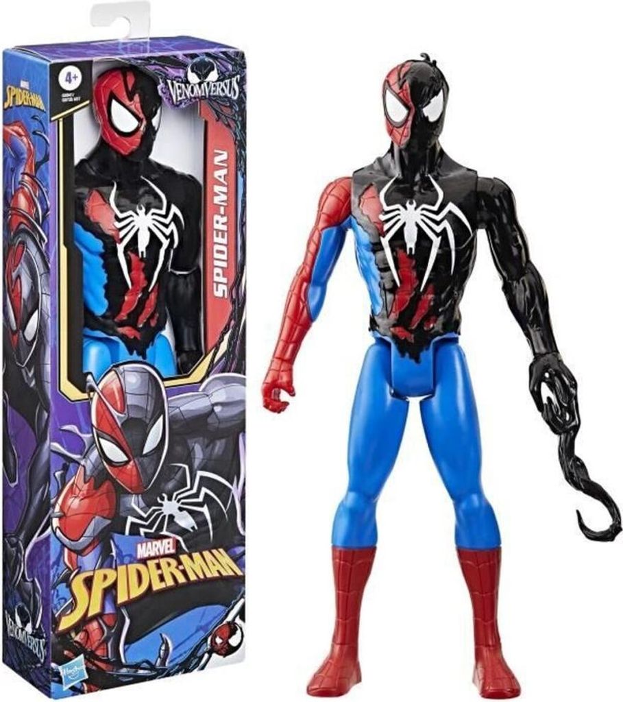 A Spider-Man action figure is displayed next to its packaging.