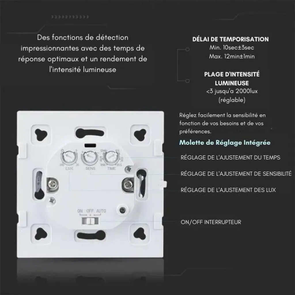 Détecteur micro-ondes encastrable 360° blanc à sensibilité réglable
