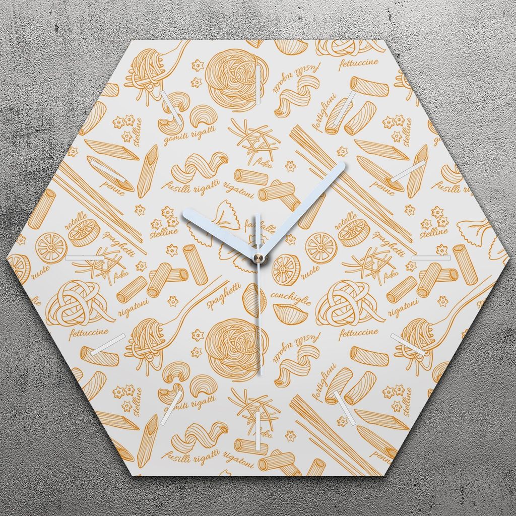 Uhr hexagonal 40 cm Glas Geräuschlos weiße Zeiger - gezeichnetes Nudelmuster